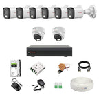 Security camera system with multiple cameras, hard drive, and accessories on a white background