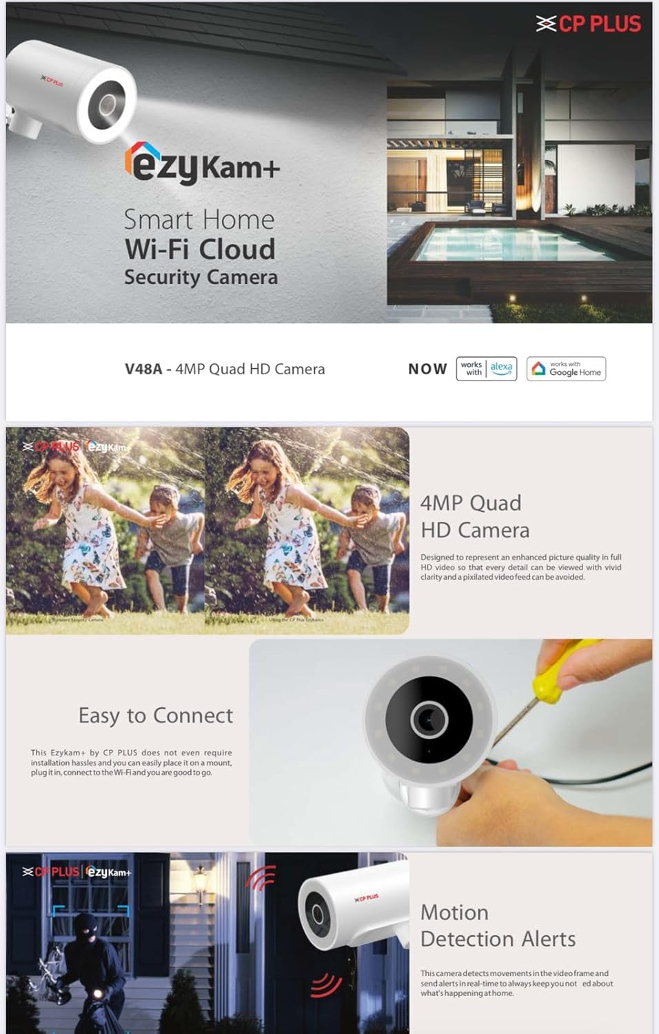 EzyKam+ smart home Wi-Fi cloud security camera advertisement with features and images of the camera in use.
