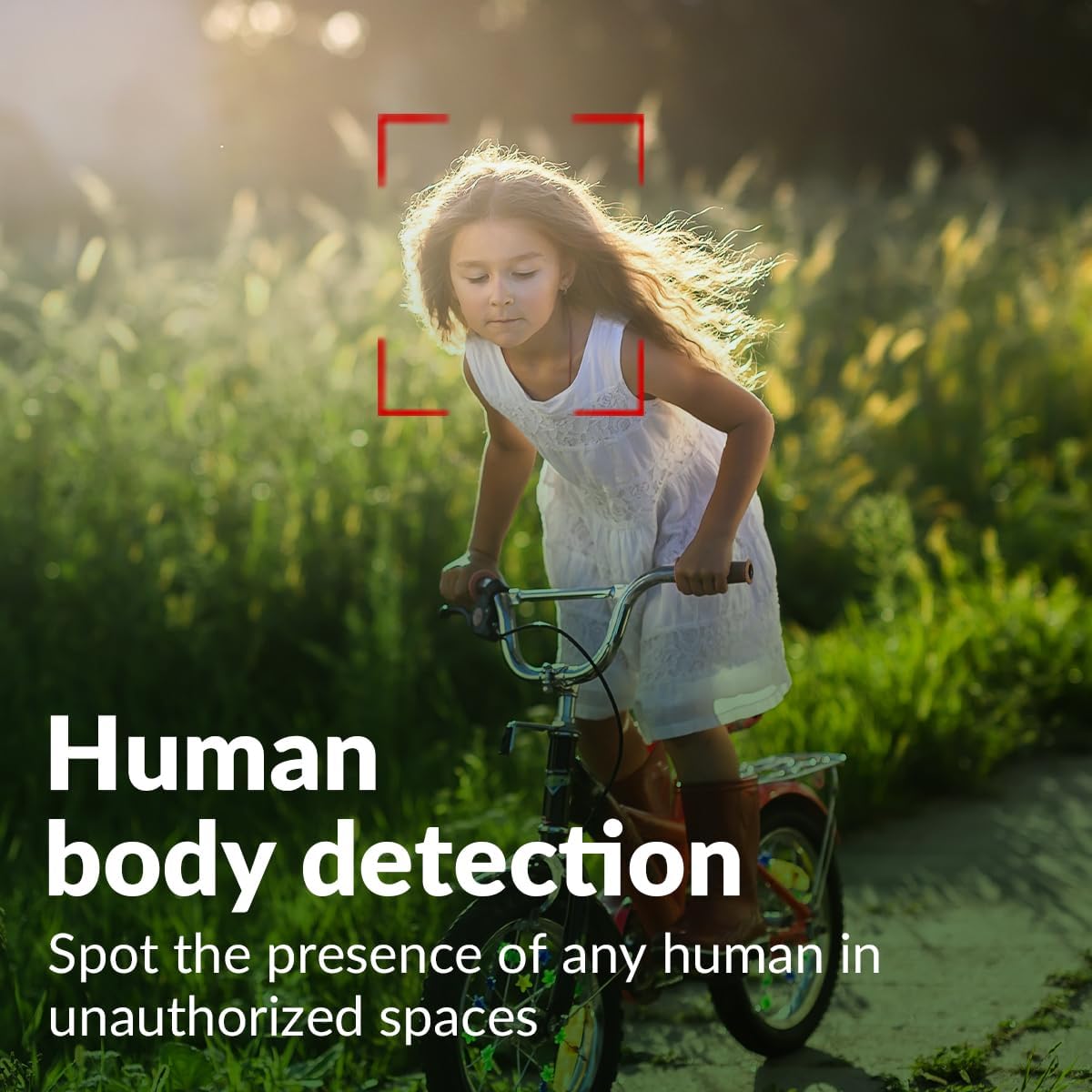 Child on a bicycle with text about human body detection

