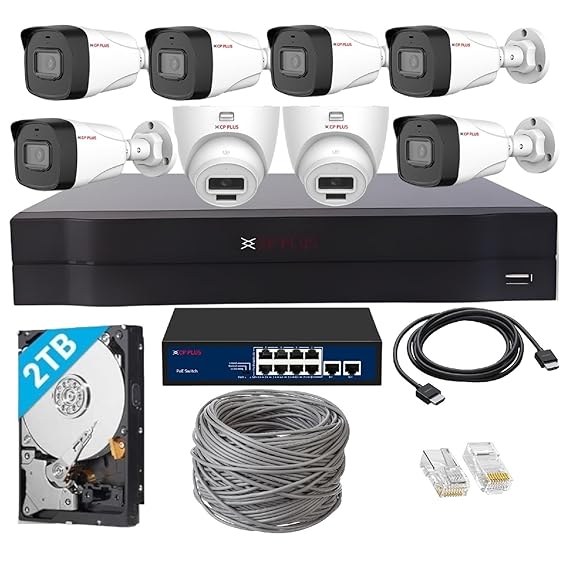 CP PLUS 8 Channel Full HD NVR with 6X Outdoor and 2X Indoor 2 MP Built-in Audio Mic Wired IP CCTV Cameras, Motion Detection, 8 Port PoE, 2TB HDD, 100 Meter CAT6 Cable, RJ45 Connector - White
