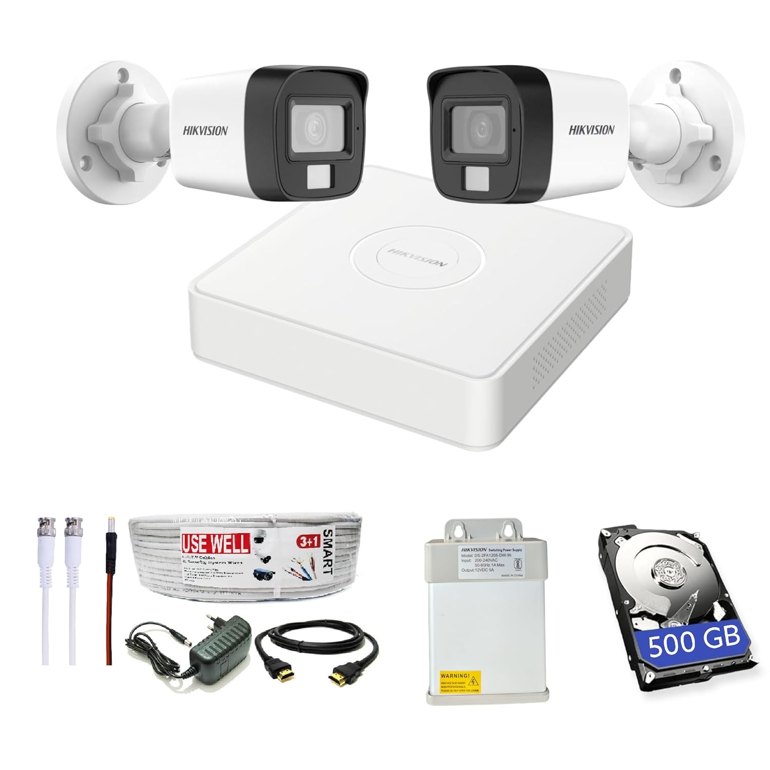 HIKVISION&nbsp;Cameras Full HD 4 Channel DVR, 2 MP 2 Outdoor Cameras [Color Night Vision + Built-in Audio MIC + Smart Dual Light + Motion Detection]+500 GB HDD+4 Ch SMPS, USEWELL Cable+BNC/DC Set, White