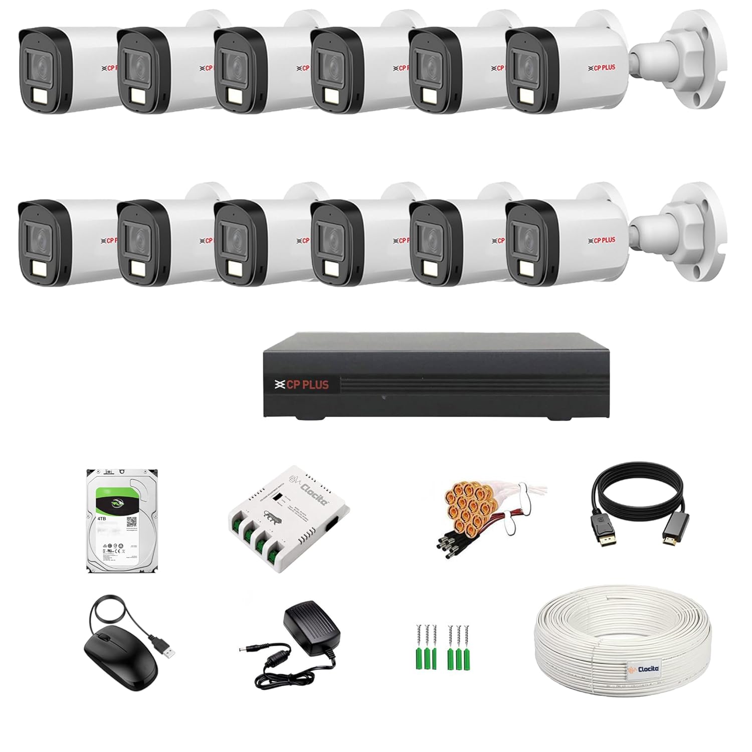 CP Plus illumax 2.4MP 16 CH DVR, 2.4MP 12 Bullet Cameras [Color Night Vision + Built-in Audio MIC + Smart Dual Light + Motion Detection] + 4 TB HDD + 8 CH SMPS 2 Nos + CCTV Cable + BNC/DC