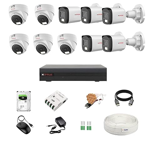Security camera system with multiple cameras, DVR, and accessories on a white background

