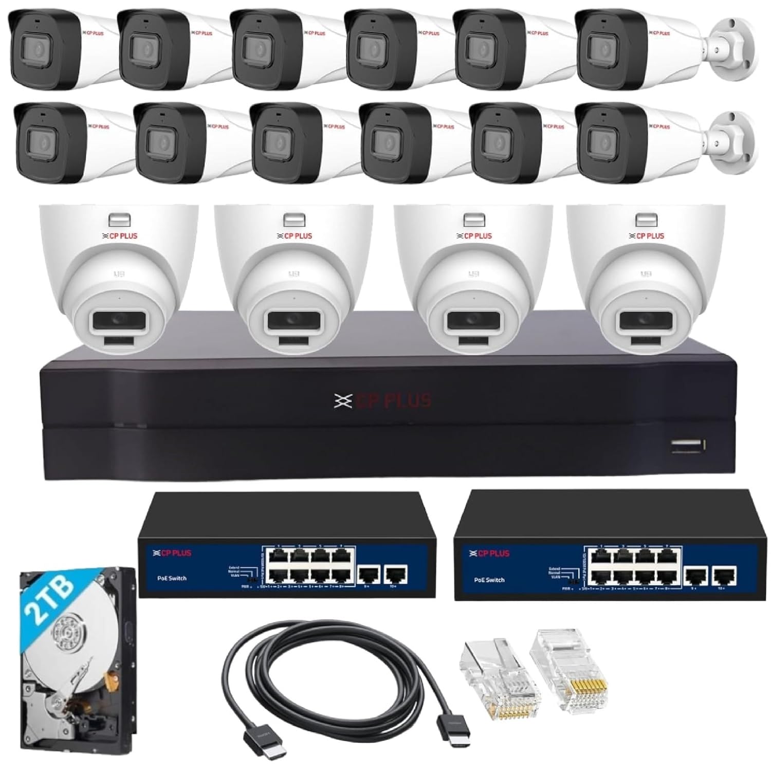 CP PLUS 16 channel FULL HD NVR with 12x OUTDOOR and 4x INDOOR 2 MP Built-in Audio Mic wired IP CCTV Cameras, Motion Detection, 2x 8 Port PoE, 2TB HDD, RJ45 Connector, [CAT6 Cable not included] - White