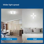 Comparison of ceiling and wall lights in a living room setting with text 'Wider light spread'.

