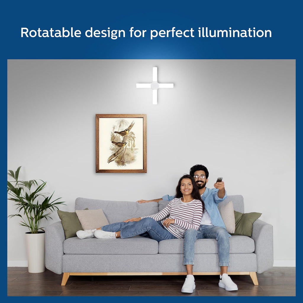 Couple sitting on a couch with a framed picture above them, featuring text about rotatable design for perfect illumination.

