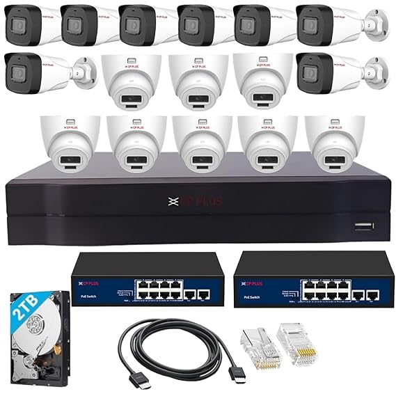 CP PLUS 16 Channel Full HD NVR with 8X Outdoor and 8X Indoor 2 MP Built-in Audio Mic Wired IP CCTV Cameras, Motion Detection, 2X 8 Port PoE, 2TB HDD, RJ45 Connector, [CAT6 Cable not Included] - White
