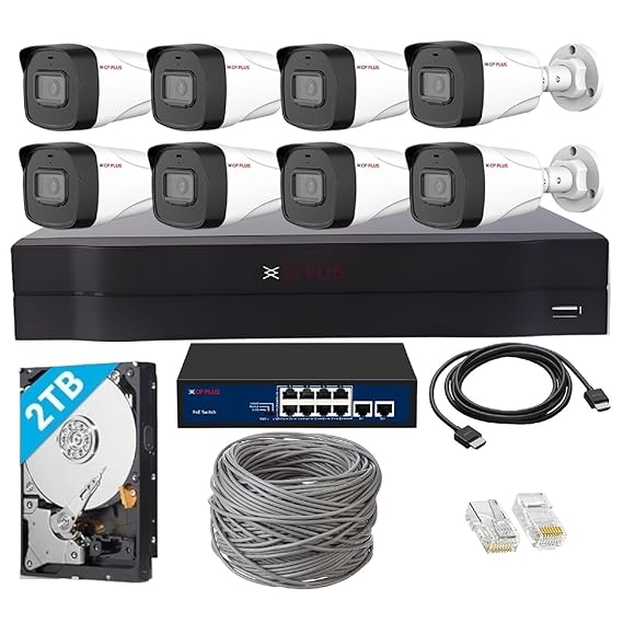 CP PLUS 8 Channel Full HD NVR with 8X 2 MP Built-in Audio Mic Outdoor Wired IP CCTV Cameras, Motion Detection, 8 Port PoE, 2TB HDD, 100 Meter CAT6 Cable, RJ45 Connector - White
