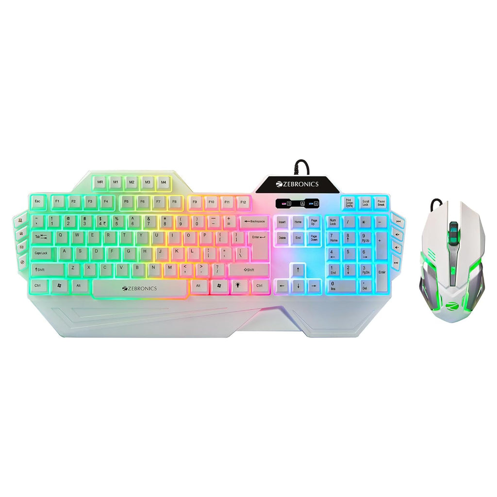 ZEBRONICS Optimus Gaming Keyboard & Mouse Combo, Braided Cable, Gold Plated USB, Upto 3600 DPI, 6 Buttons, High Resolution Sensor, Multicolor LED, Dedicated Macro Keys, 117 Keys (White)