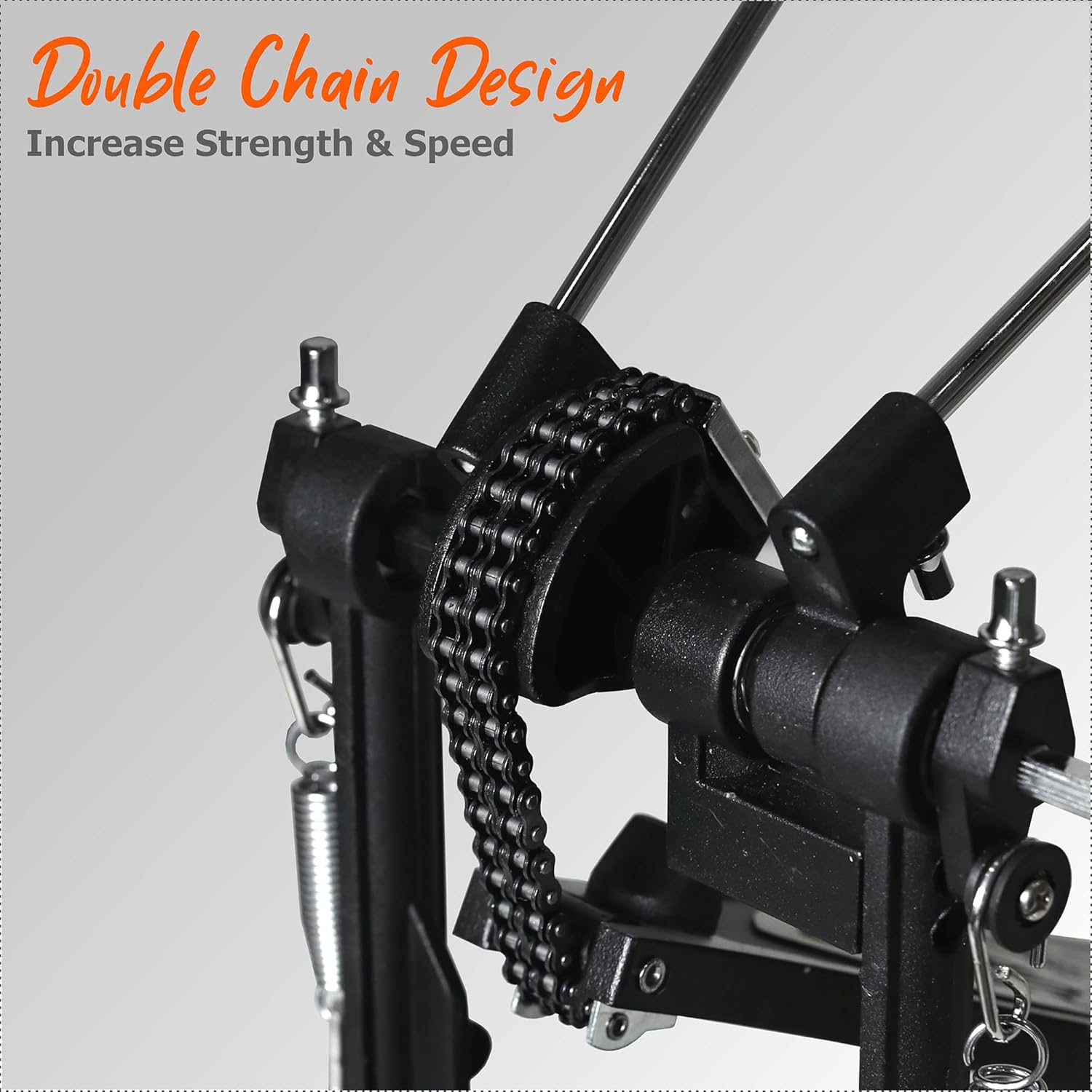 Mechanical component with double chain design on a gray background