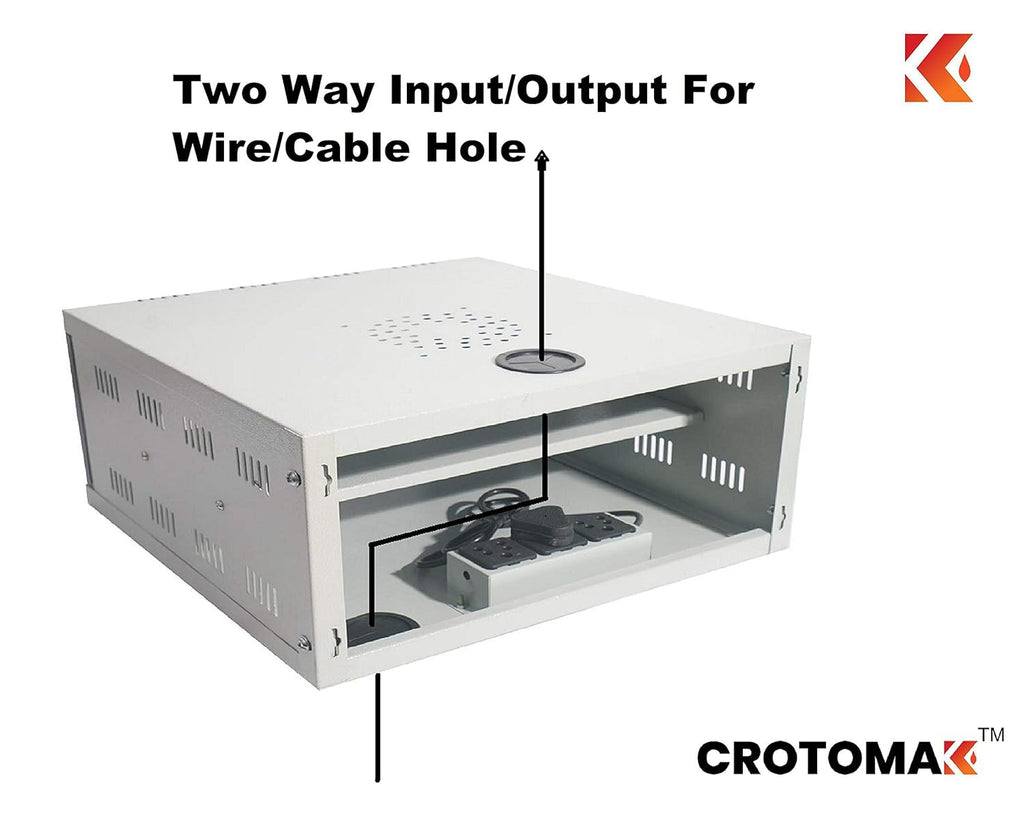 White metal cabinet with two-way input/output for wires, featuring Crotomak logo.