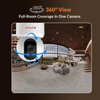 Security camera with 360-degree view feature displayed in a modern indoor setting.

