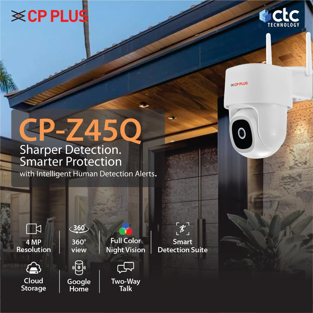 CP PLUS CP-Z45Q 4MP Outdoor Wi-Fi CCTV Camera | 360° Pan & Tilt | Full-Color Night Vision | Motion & Sound Detection | Human Detection | CTC Cyber Secure Tech | Alexa & OK Google | CP-Z45Q