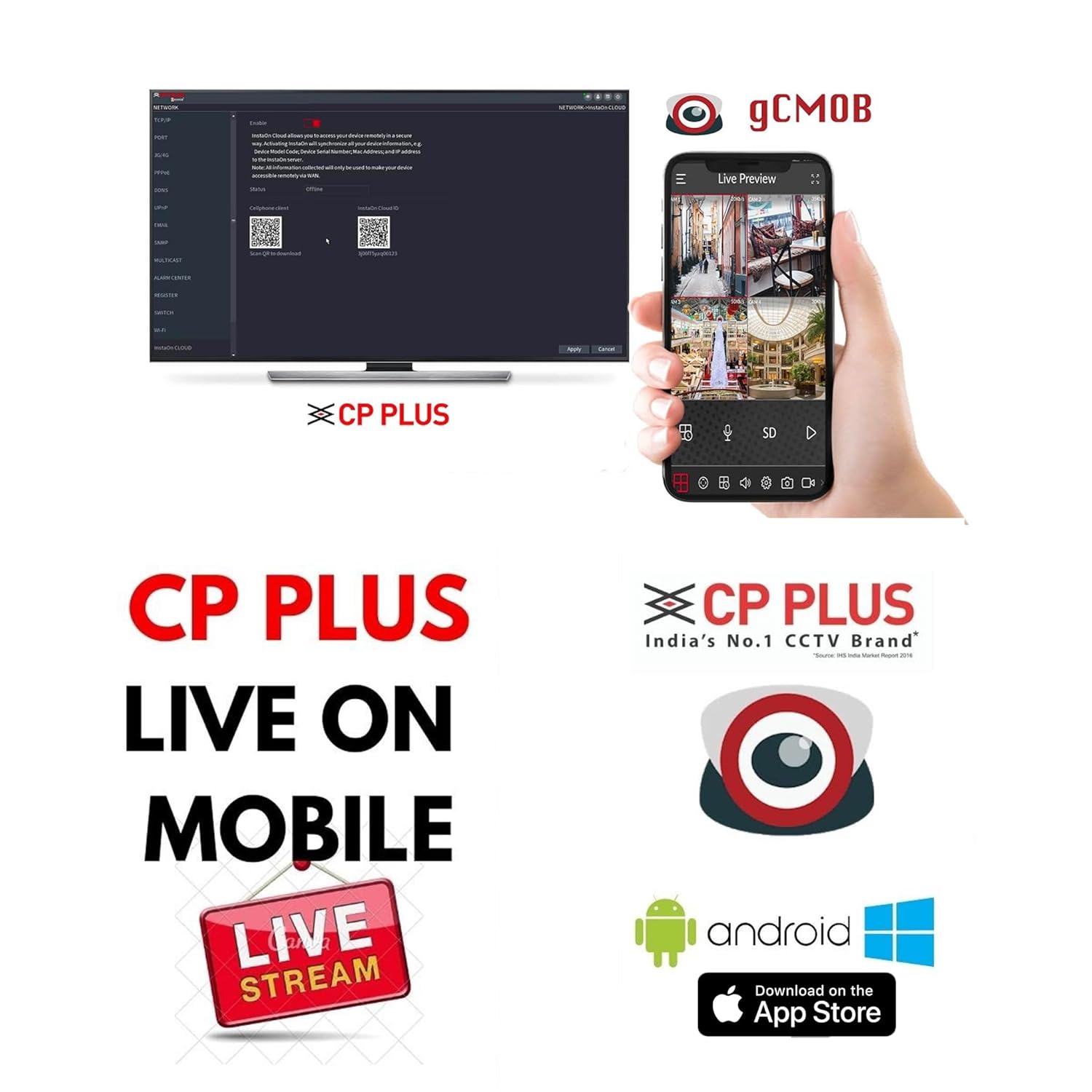 Promotional graphic for CP Plus CCTV system on mobile with smartphone and computer screens.
