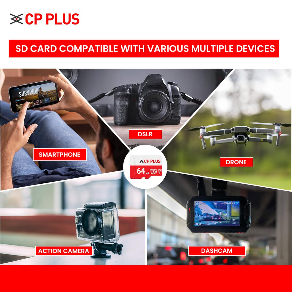 CP PLUS 64GB microSDXC Memory Card Grade UHS-3 Class 10, Up to 70 Mbps Reading & 30 Mbps Writing Speed with High Performance of Data Transfer & Lower Power Consumption for Portable Devices| CP-UM64C