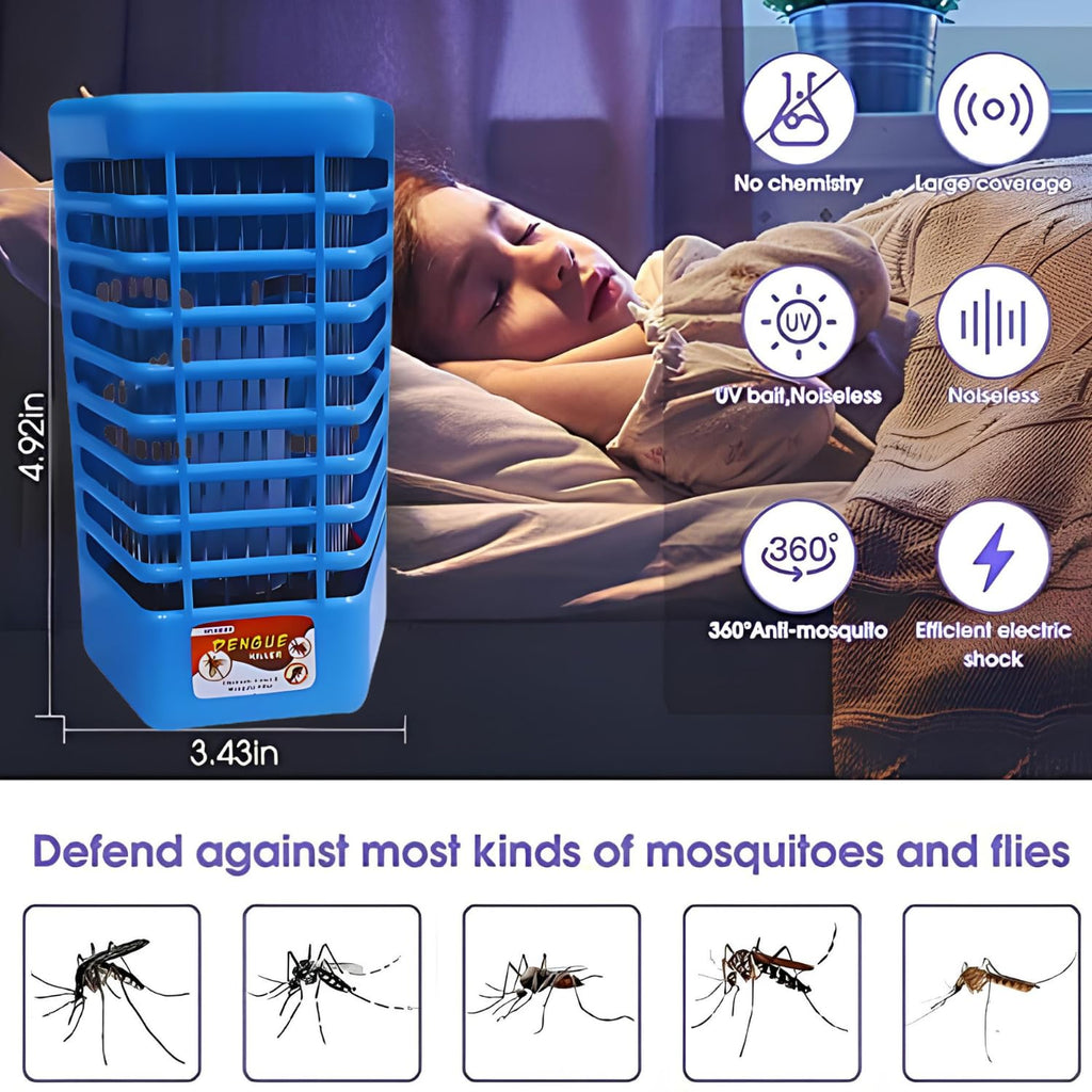 Blue mosquito repellent device with a person sleeping in the background, features highlighted on the right.

