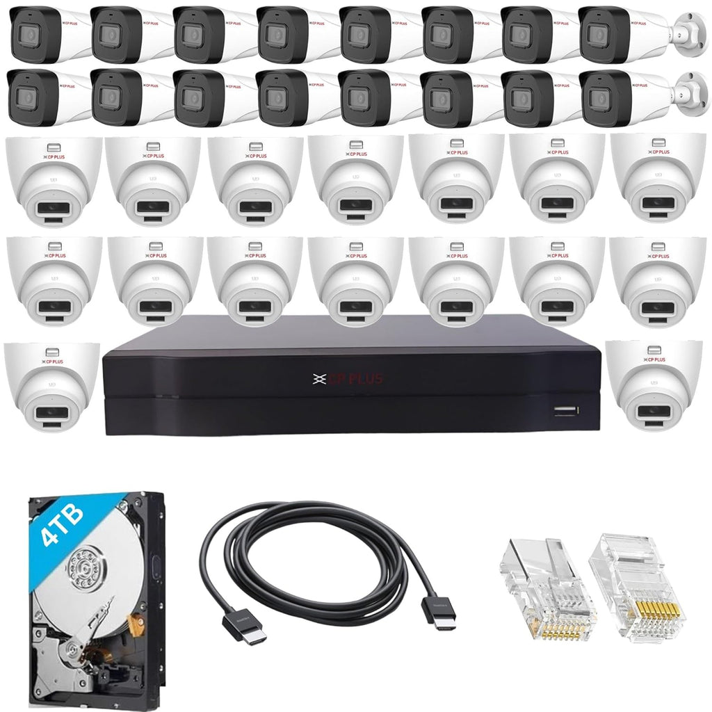 CP PLUS 32 Channel 4K NVR with 16x Outdoor and 16x Indoor 2 MP Built-in Audio Mic Wired IP CCTV Cameras, Motion Detection, 4TB HDD, 100x RJ45 Connector, [CAT6 Cable & PoE not Included] - White