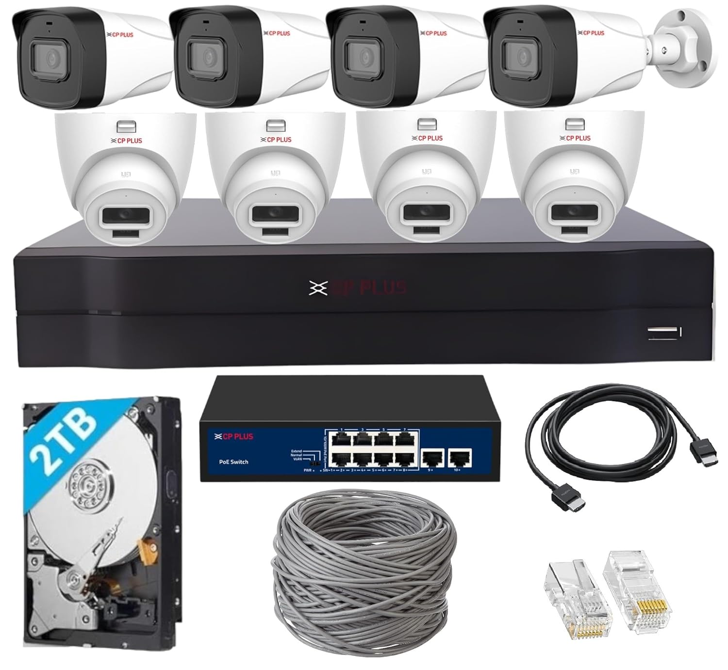CP PLUS 8 Channel Full HD NVR with 4X Outdoor and 4X Indoor 2 MP Built-in Audio Mic Wired IP CCTV Cameras, Motion Detection, 8 Port PoE, 2TB HDD, 100 Meter CAT6 Cable, RJ45 Connector - White
