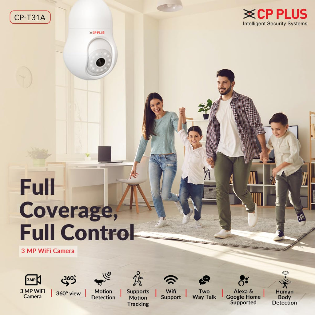 CP PLUS 3 MP Resolution Smart Wi-fi Bulb Security Camera | 360° View | 2 Way Talk | Motion Tracking & Detection Alert | Built-in Siren | Advanced Night Vision | IR Distance 15 Mtr. | CP-T31A