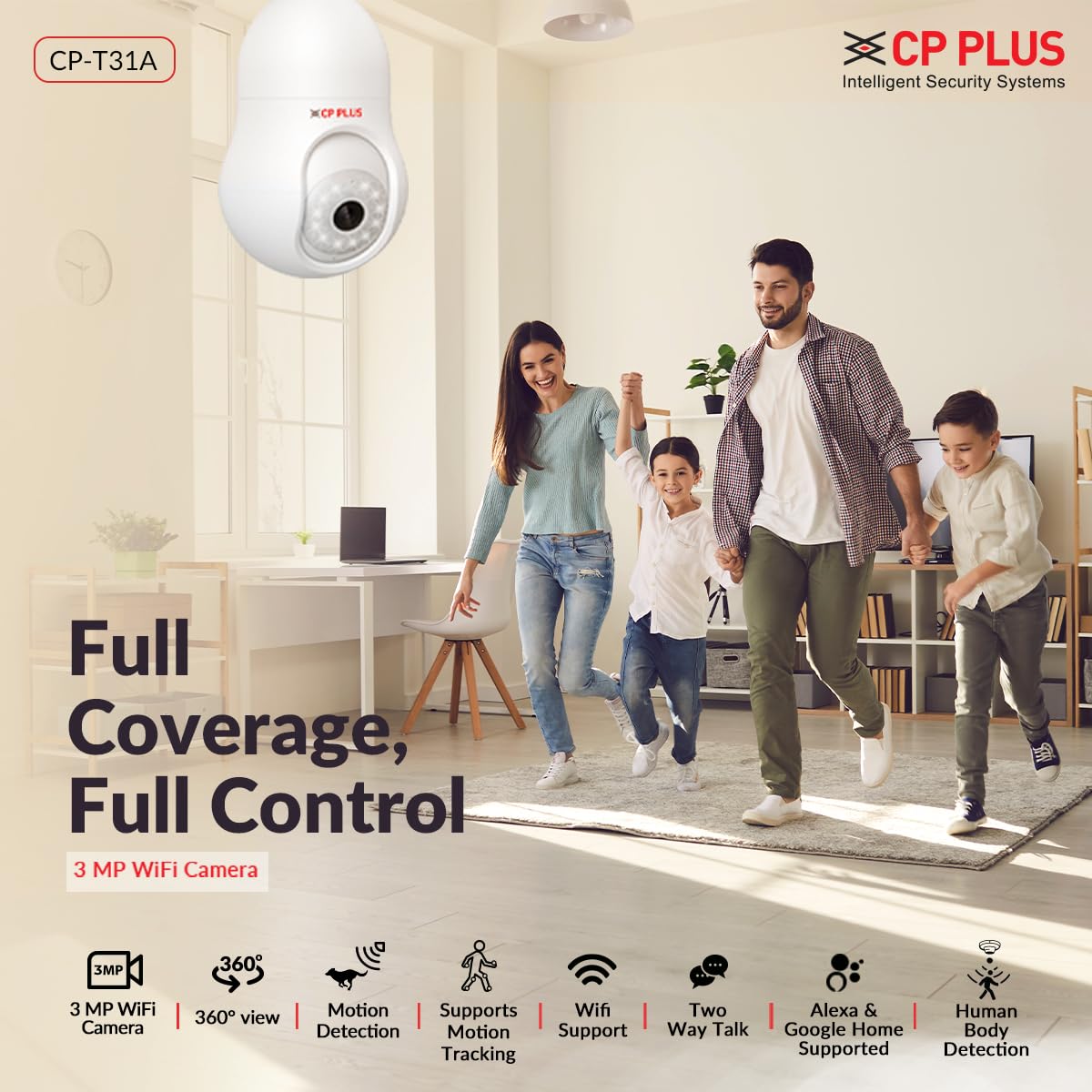 CP PLUS 3 MP Resolution Smart Wi-fi Bulb Security Camera | 360° View | 2 Way Talk | Motion Tracking & Detection Alert | Built-in Siren | Advanced Night Vision | IR Distance 15 Mtr. | CP-T31A