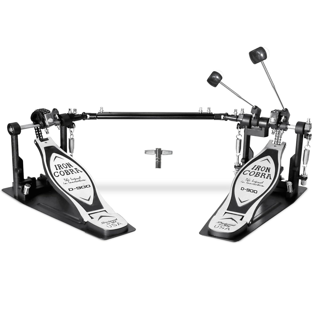 Double pedal for a drum set with 'Iron Cobra' branding on a white background
