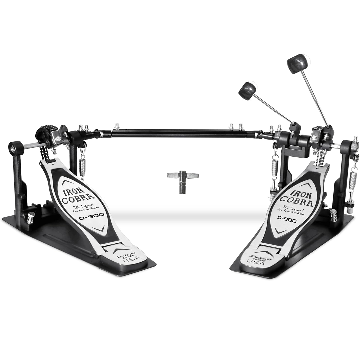 Double pedal for a drum set with 'Iron Cobra' branding on a white background
