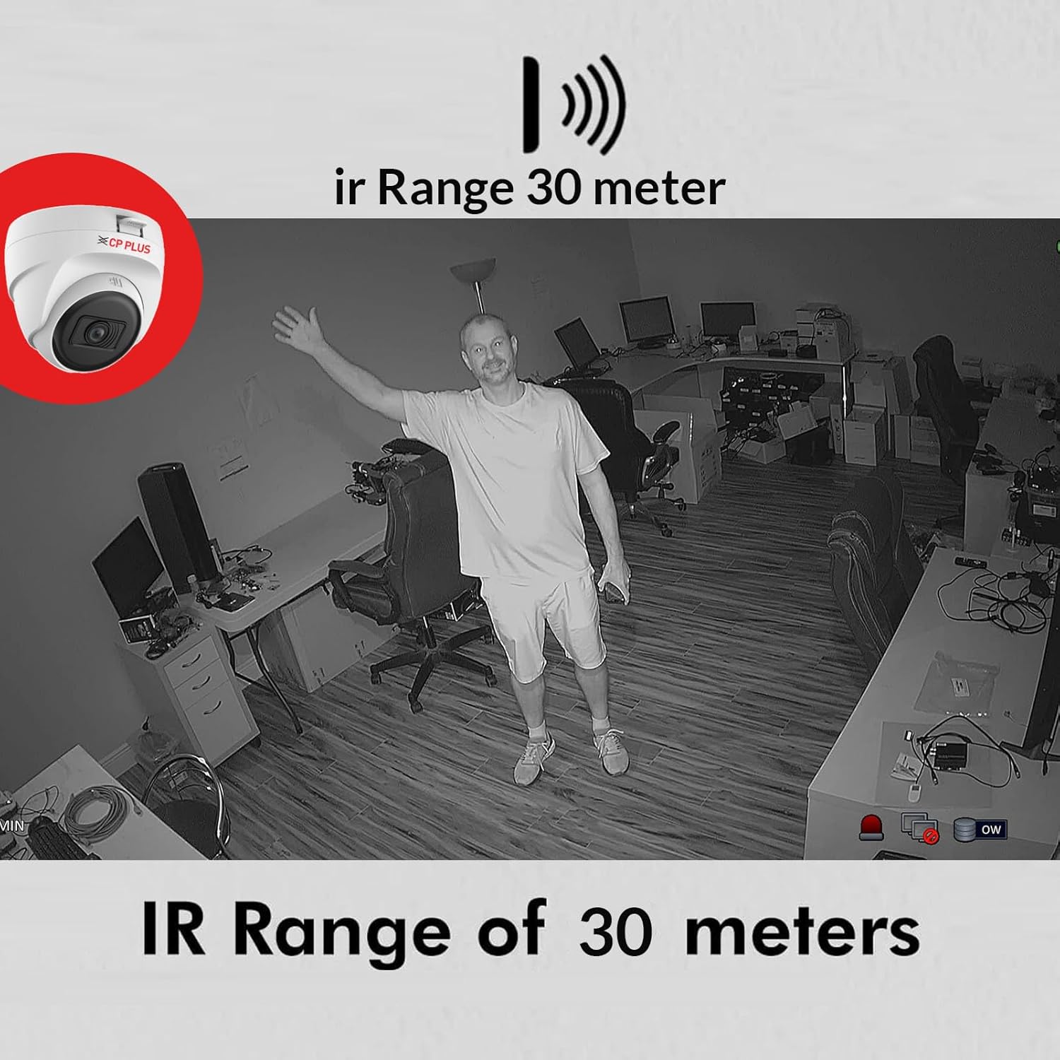 Person in a room with text indicating IR range of 30 meters, featuring a camera icon.

