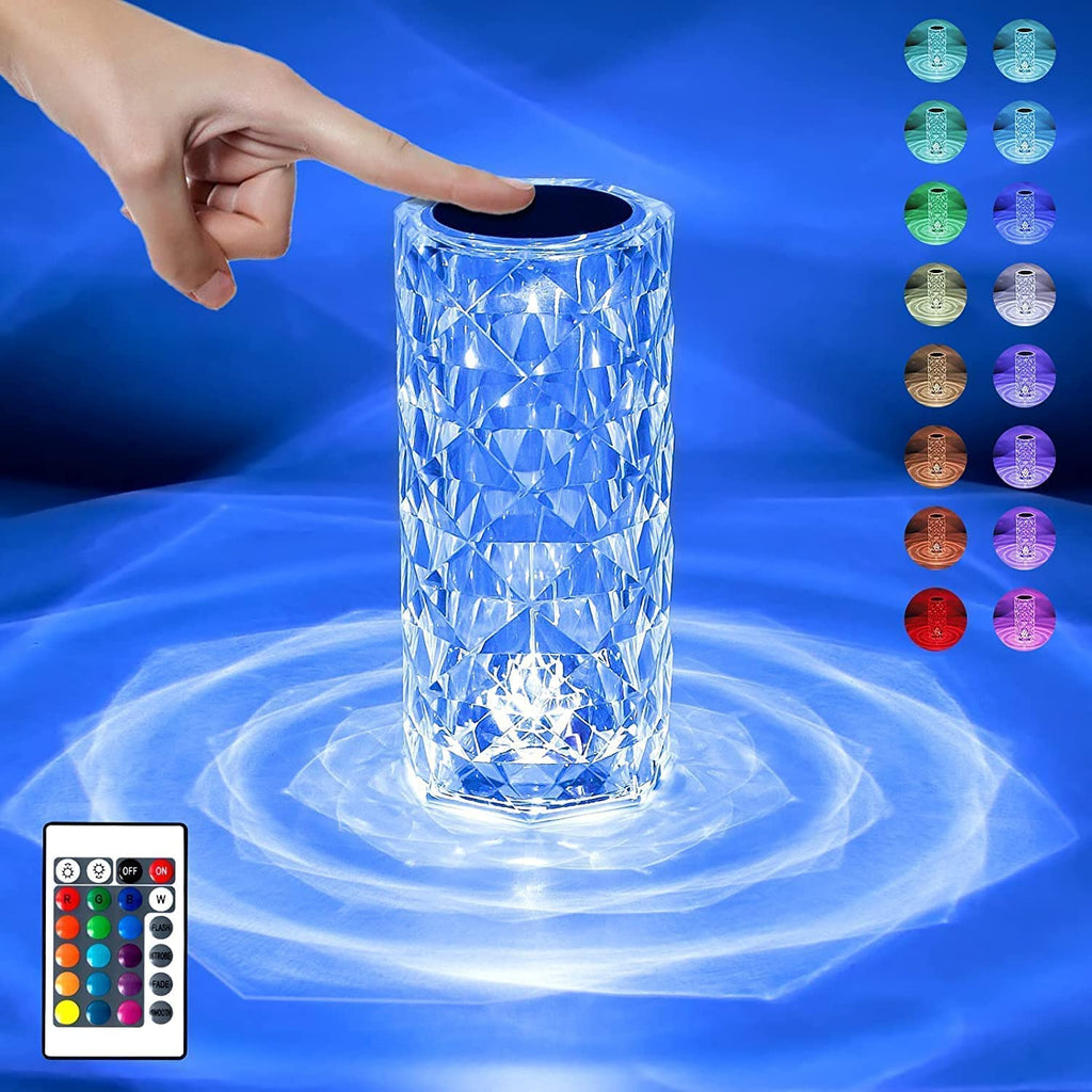 Color-changing LED lamp with remote control on a blue background
