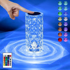 Color-changing LED lamp with remote control on a blue background