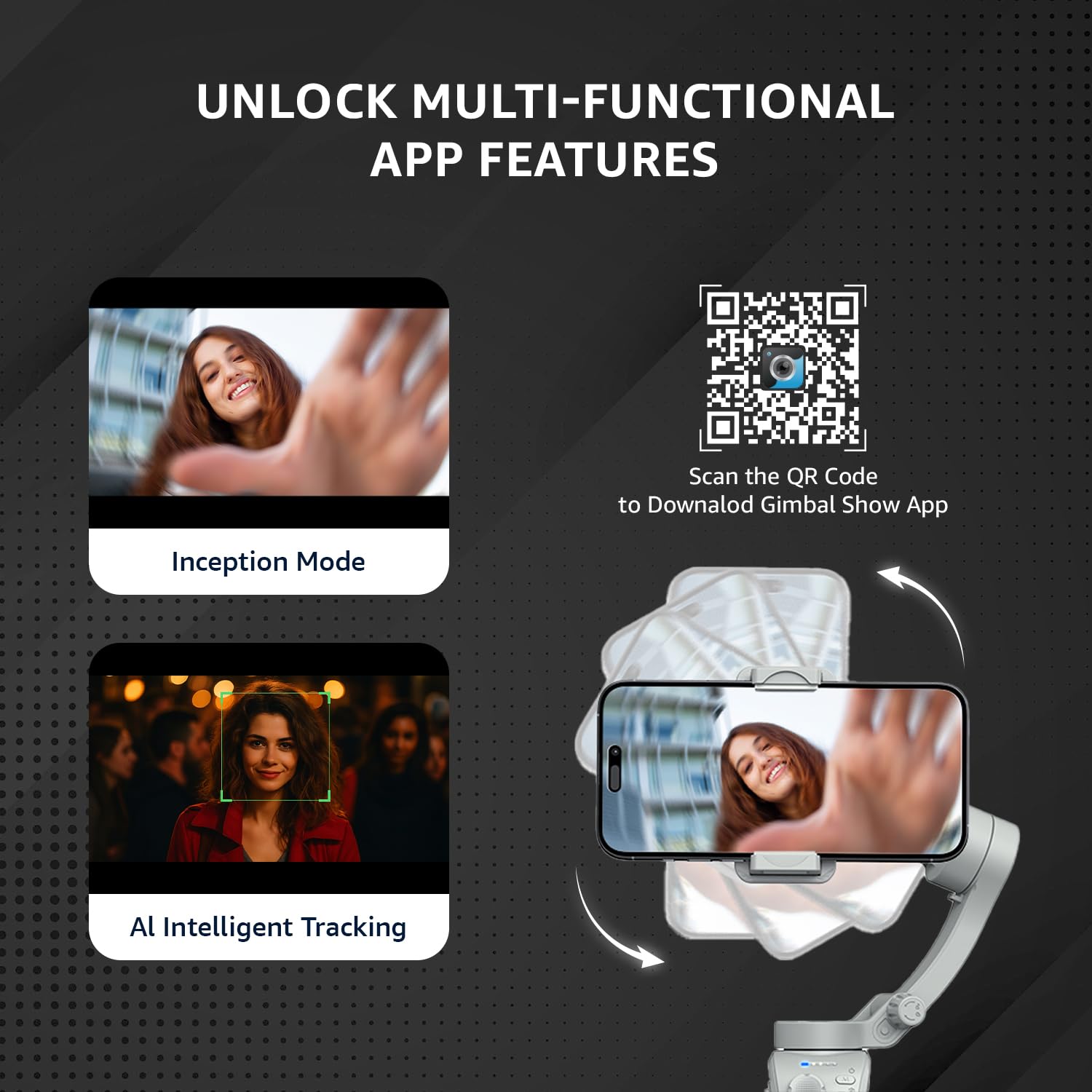 Smartphone 3-Axis Smartphone Gimbal Stabilizer with AI Face & Body Tracking | Foldable Design | Adjustable Fill Light | 8 Hr Battery | iPhone, Android Compatible | Perfect for travel/vlogging, Grey