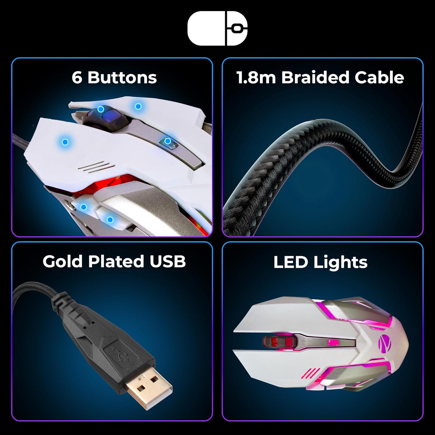 ZEBRONICS Optimus Gaming Keyboard & Mouse Combo, Braided Cable, Gold Plated USB, Upto 3600 DPI, 6 Buttons, High Resolution Sensor, Multicolor LED, Dedicated Macro Keys, 117 Keys (White)