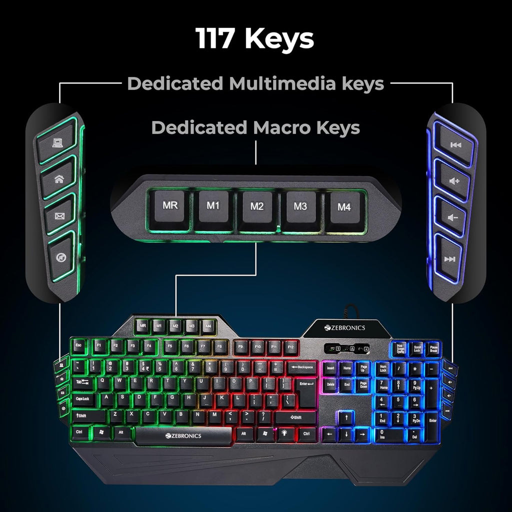 ZEBRONICS Optimus Gaming Keyboard & Mouse Combo, Braided Cable, Gold Plated USB, Upto 3600 DPI, 6 Buttons, High Resolution Sensor, Multicolor LED, Dedicated Macro Keys, 117 Keys (Black)