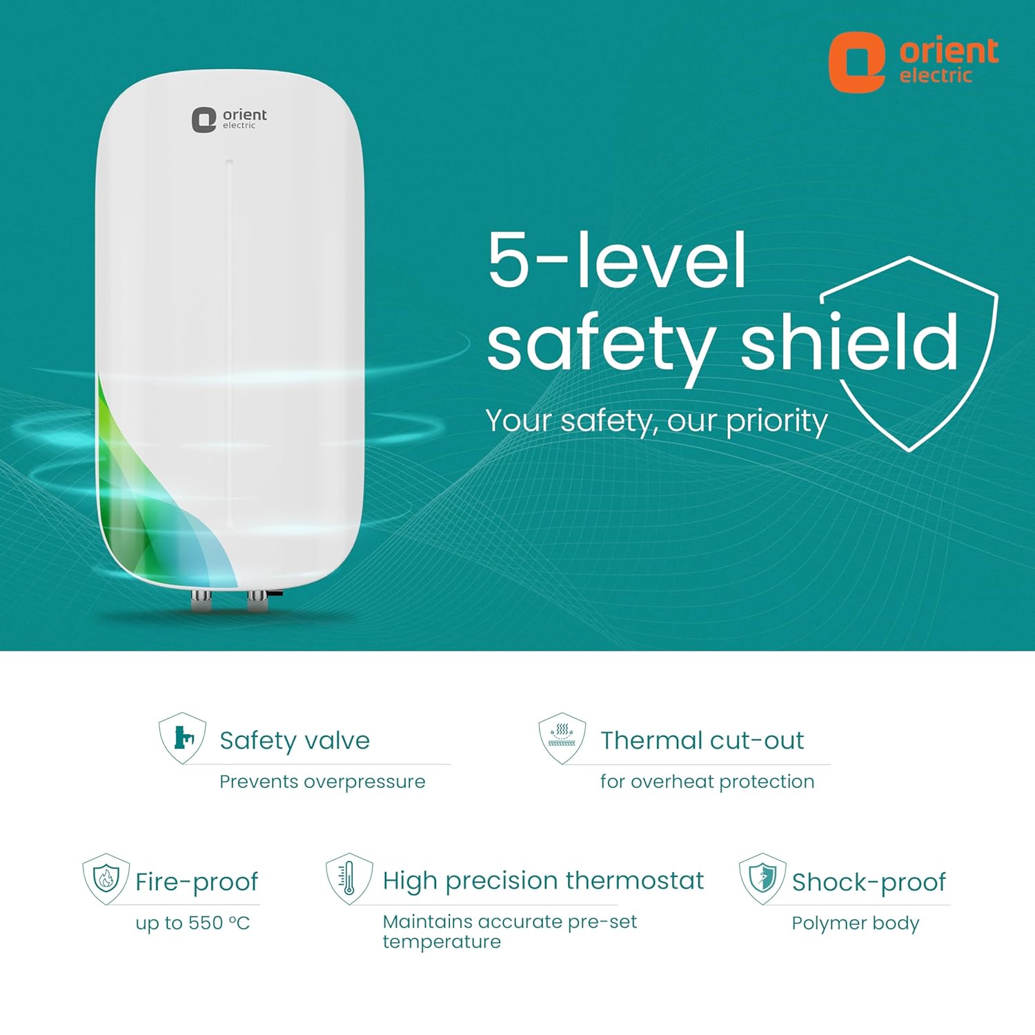 Orient Electric Aura Rapid Pro Geyser|5.9L instant water heater| High grade SS tank | 3000W heavy Copper heating element |6.5 bar pressure compatibility| High-rise Compatible| 5 years tank warrant