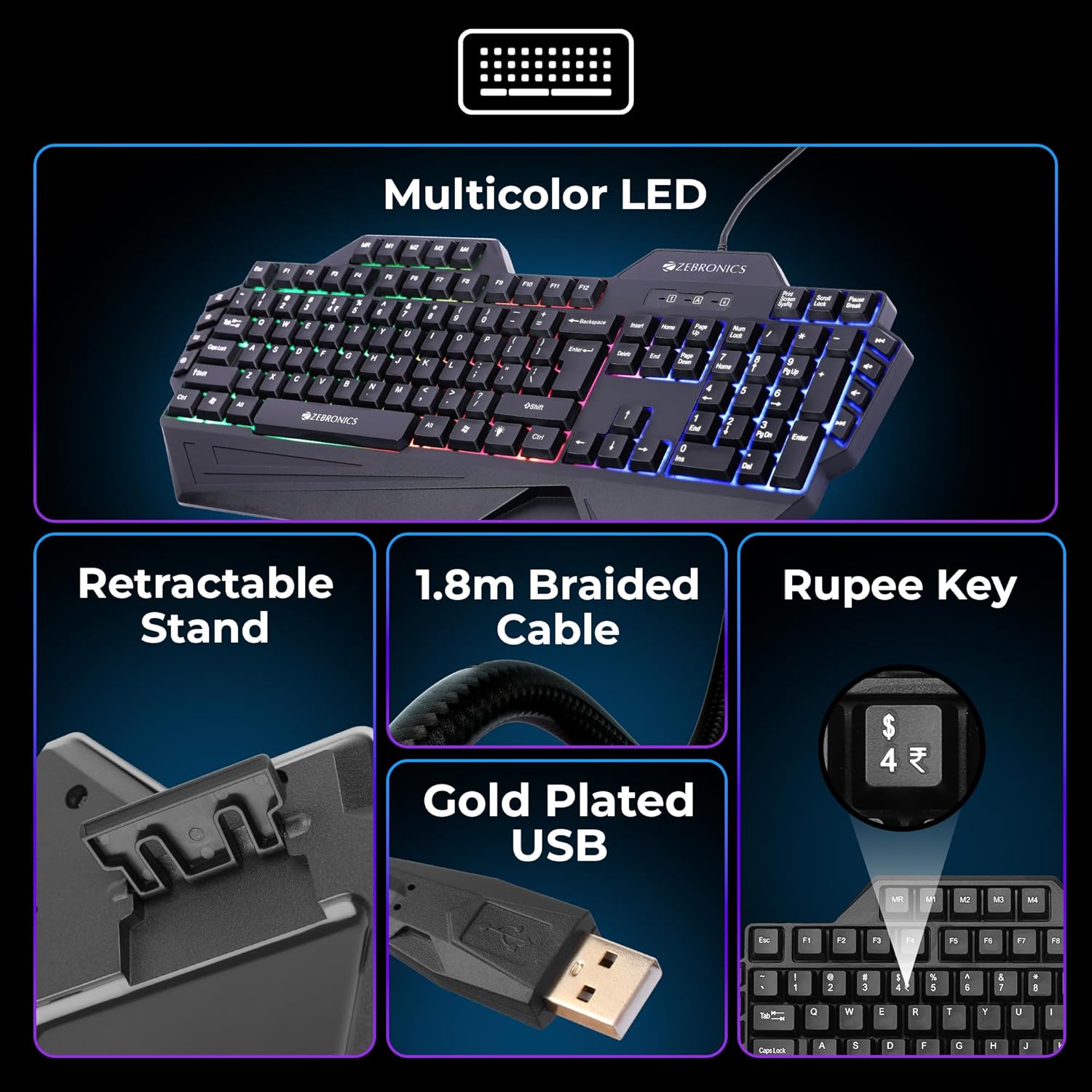 ZEBRONICS Optimus Gaming Keyboard & Mouse Combo, Braided Cable, Gold Plated USB, Upto 3600 DPI, 6 Buttons, High Resolution Sensor, Multicolor LED, Dedicated Macro Keys, 117 Keys (Black)
