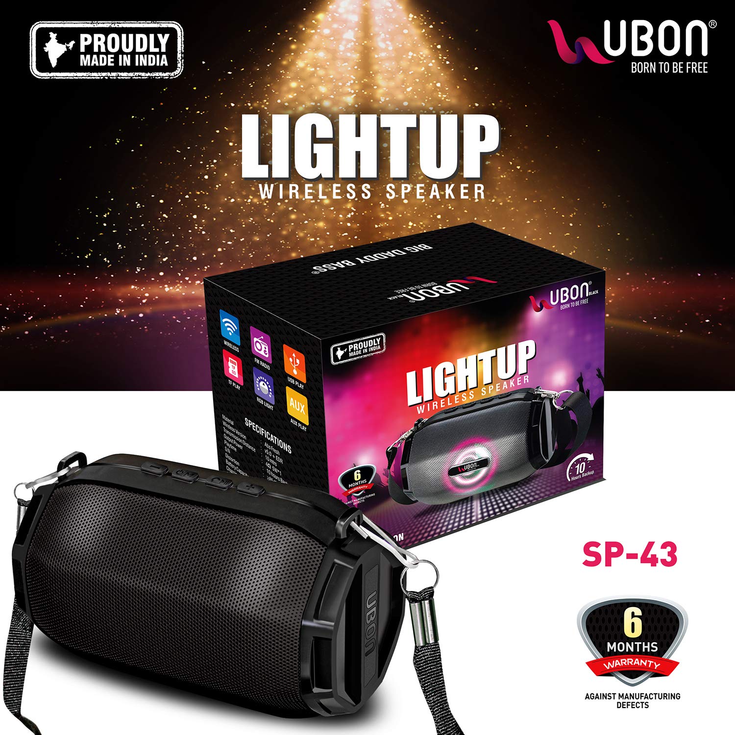 UBON SP-47 SULTAAN Bluetooth Speaker v5.3 | 10W Sound, RGB Lights, 10 Hours Backup