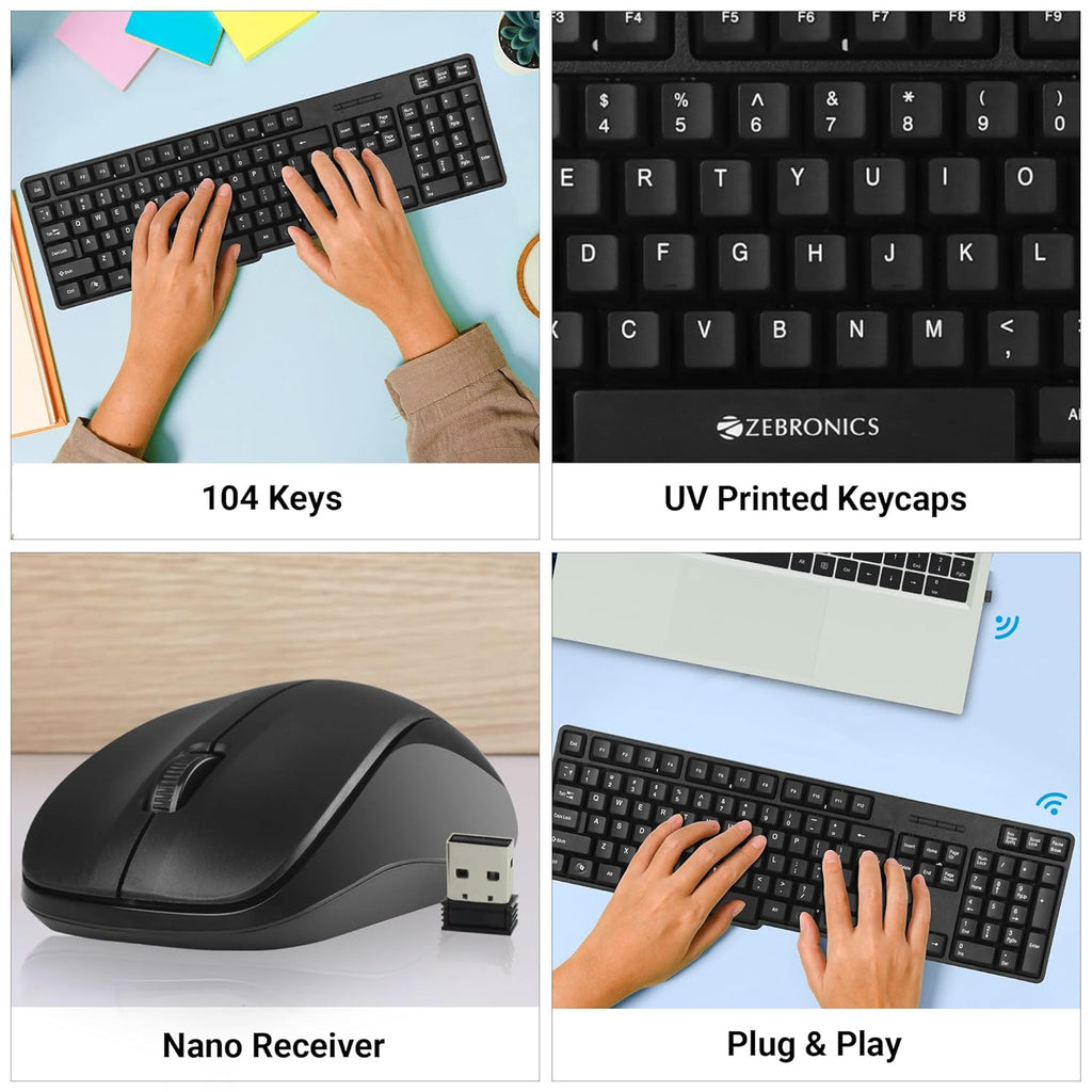 ZEBRONICS Companion 107 2.4GHz Wireless Keyboard & Mouse Combo, 104 Keys, UV Printed keycaps, 12 Integrated Multimedia Keys, 3 Button Mouse, 1200 DPI, High Precision, Advanced Optical Sensor (Black)