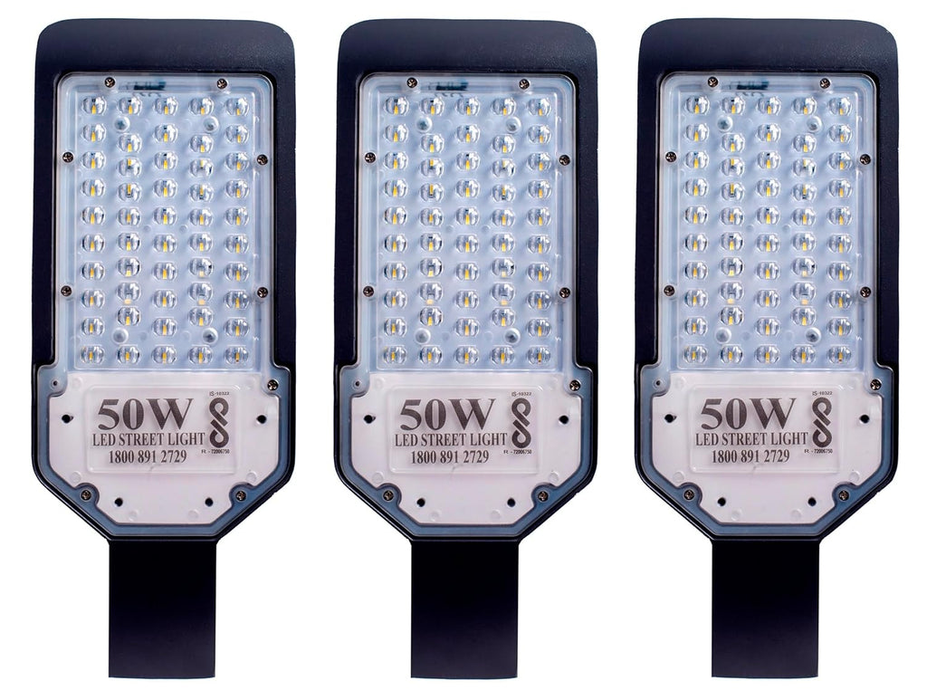 Street Light 50 Watts Lens Corded Electric LED Street Light Waterproof IP65 Full Polycarbonate Body,140 Per Watt Lumens With 2 Year Warranty BIS Approved Pack Of 3, Black