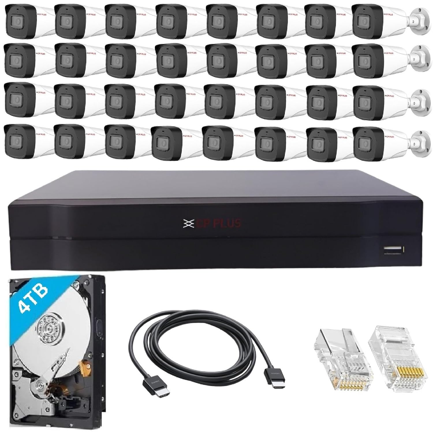 CP PLUS 32 Channel 4K NVR with 32x 2 MP Built-in Audio Mic Outdoor Wired IP CCTV Cameras, Motion Detection, 4TB HDD, 100x RJ45 Connector, [CAT6 Cable & PoE not Included] - White