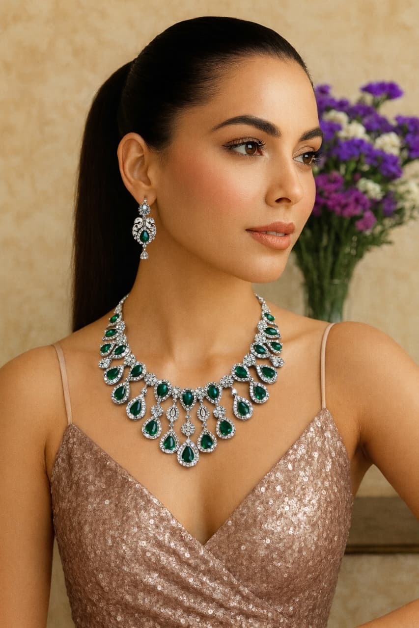 Woman wearing a luxurious emerald and diamond necklace with matching earrings, set against a neutral background.