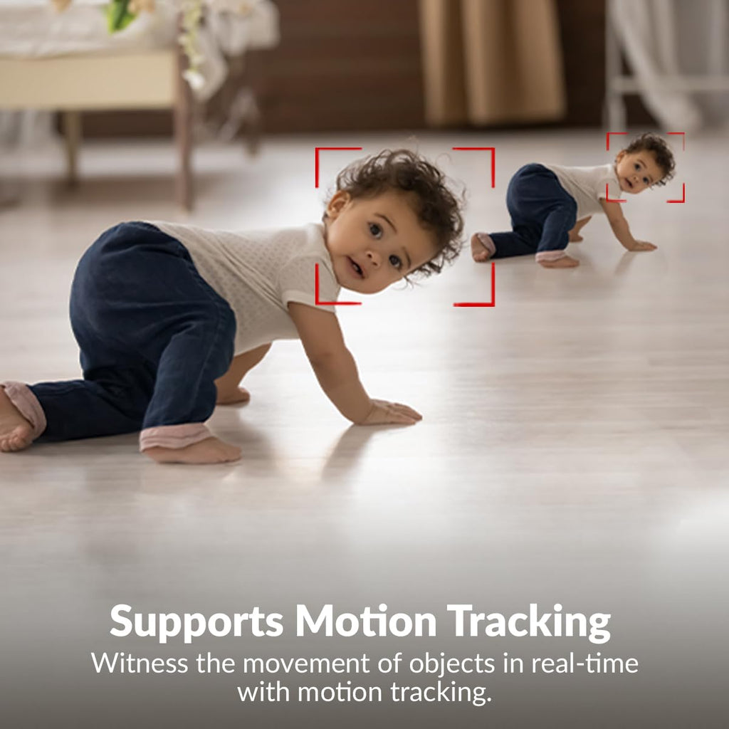 Child crawling on a wooden floor with motion tracking overlay

