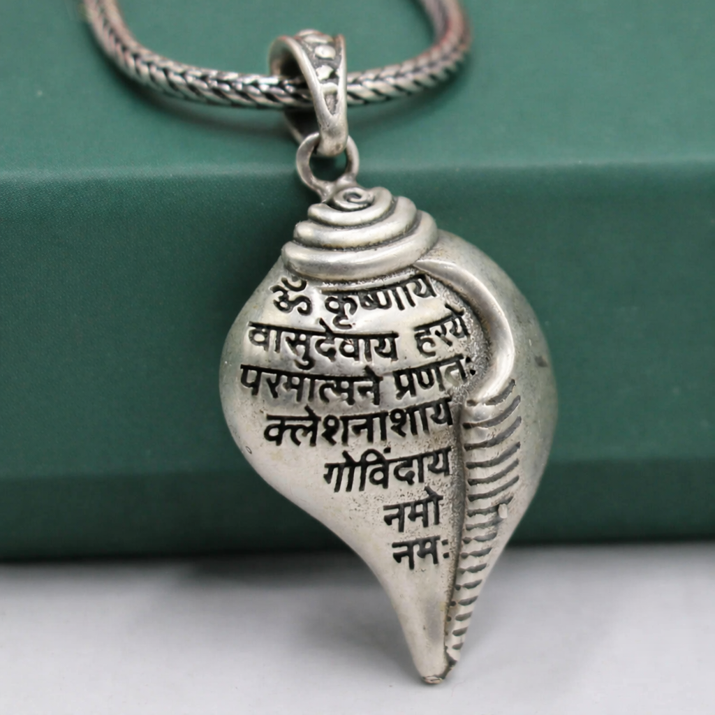 925 Sterling Silver Lord Krishna Mantra Shankha Pendant | Ethnic Silver Necklace for Men & Women