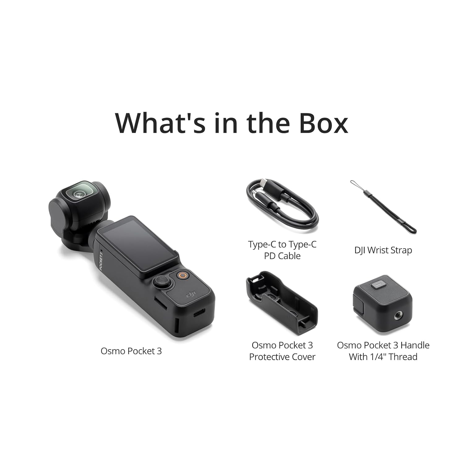 List of items included in a box with Osmo Pocket 3 camera and accessories on a white background.