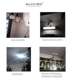 Advertisement for Auto-ON lighting products showing their use in bathrooms, wash basin lights, godowns, and house entrance.
