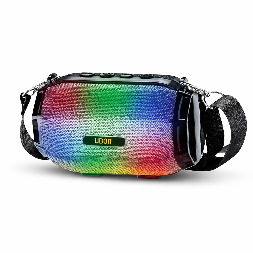 Multicolored portable speaker with 'UBON' branding on a white background

