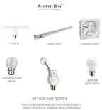 Collection of lighting and ventilation products including T-bulb, tube light, exhaust fan, incandescent bulb, LED bulb, and a free attachment offer.