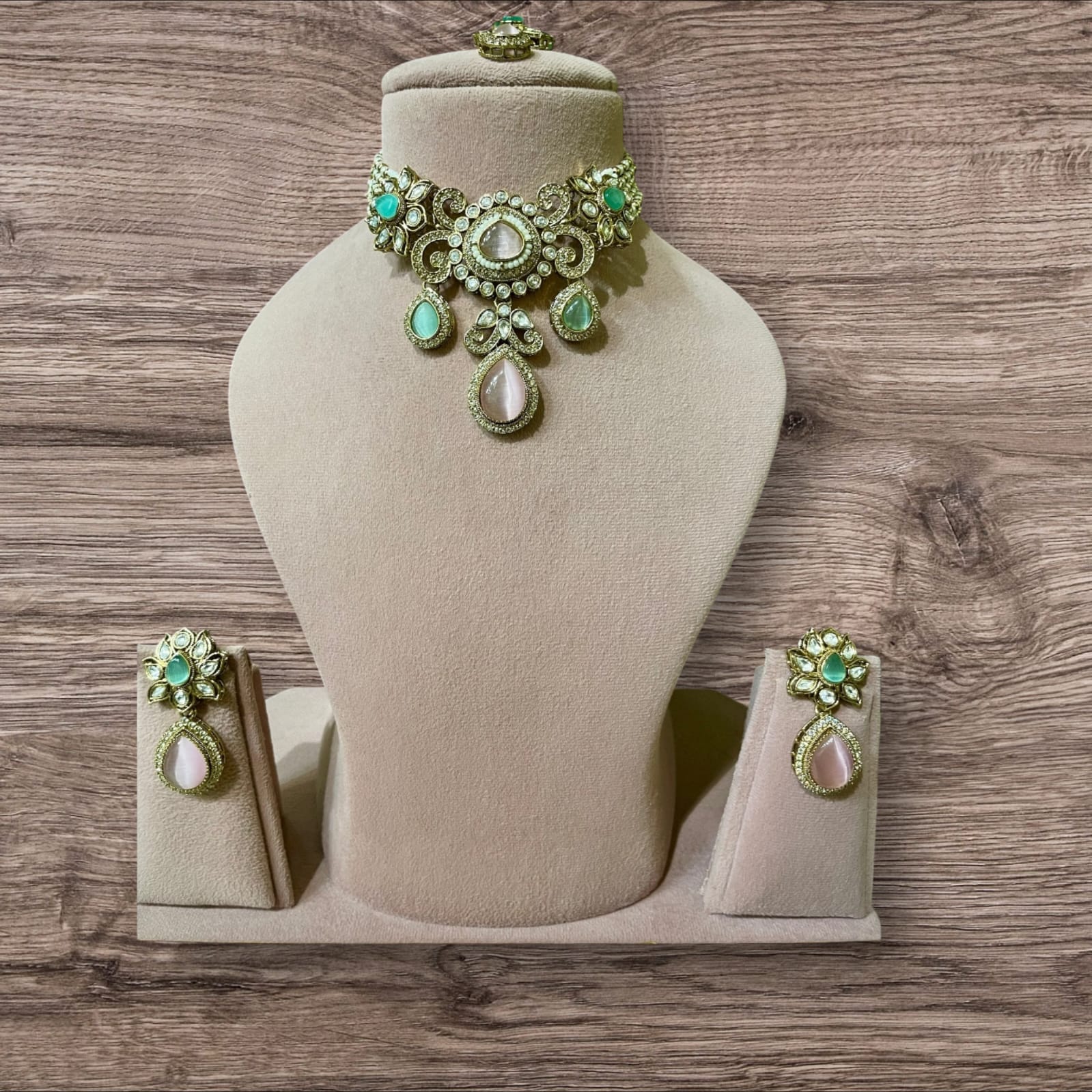 DRY Royal Kundan Choker Necklace Set with Mint Green & Blush Pink Stones | Bridal Wedding Jewelry Set