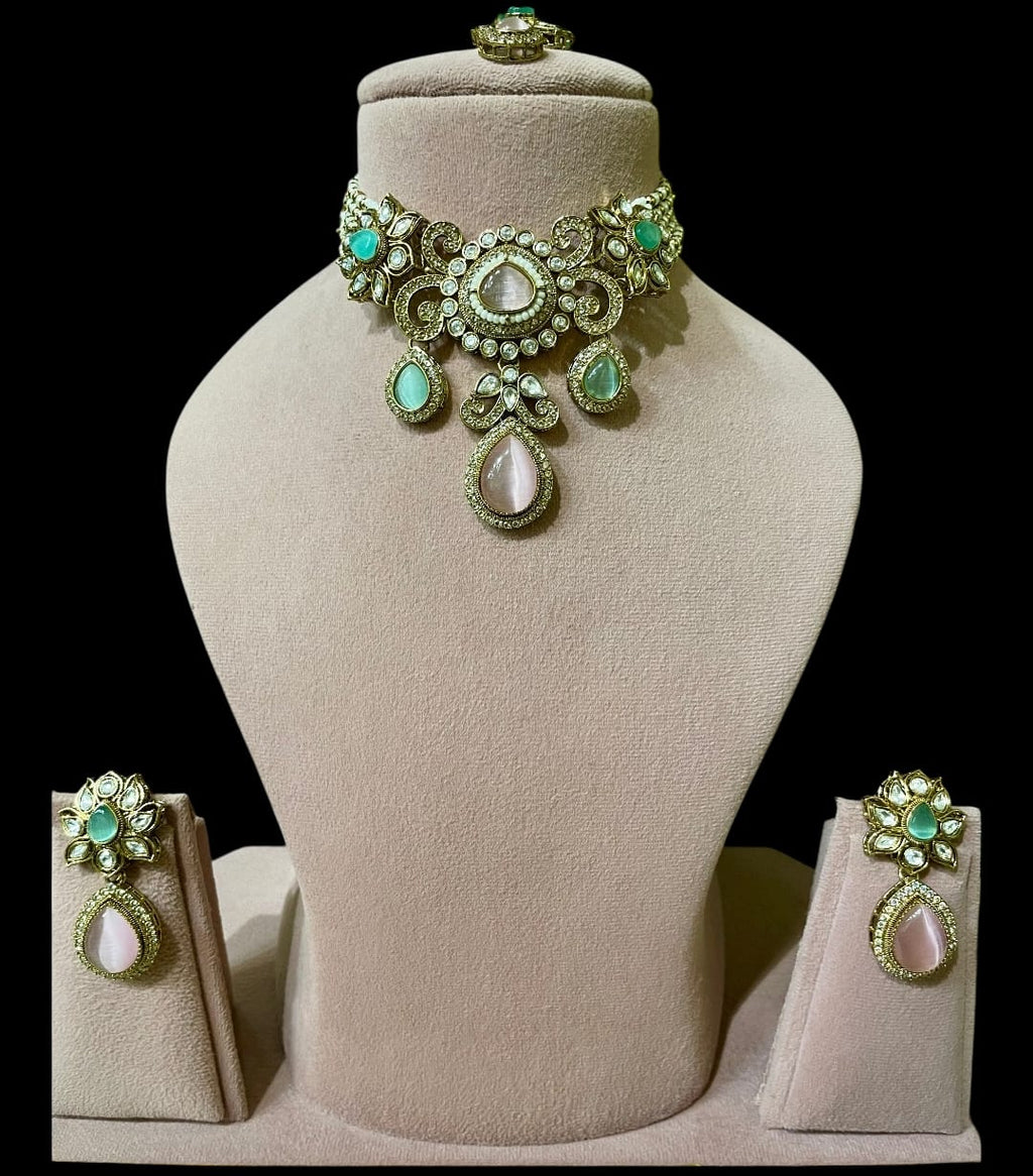 DRY Royal Kundan Choker Necklace Set with Mint Green & Blush Pink Stones | Bridal Wedding Jewelry Set