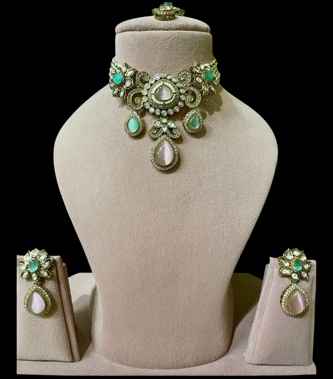 DRY Royal Kundan Choker Necklace Set with Mint Green & Blush Pink Stones | Bridal Wedding Jewelry Set