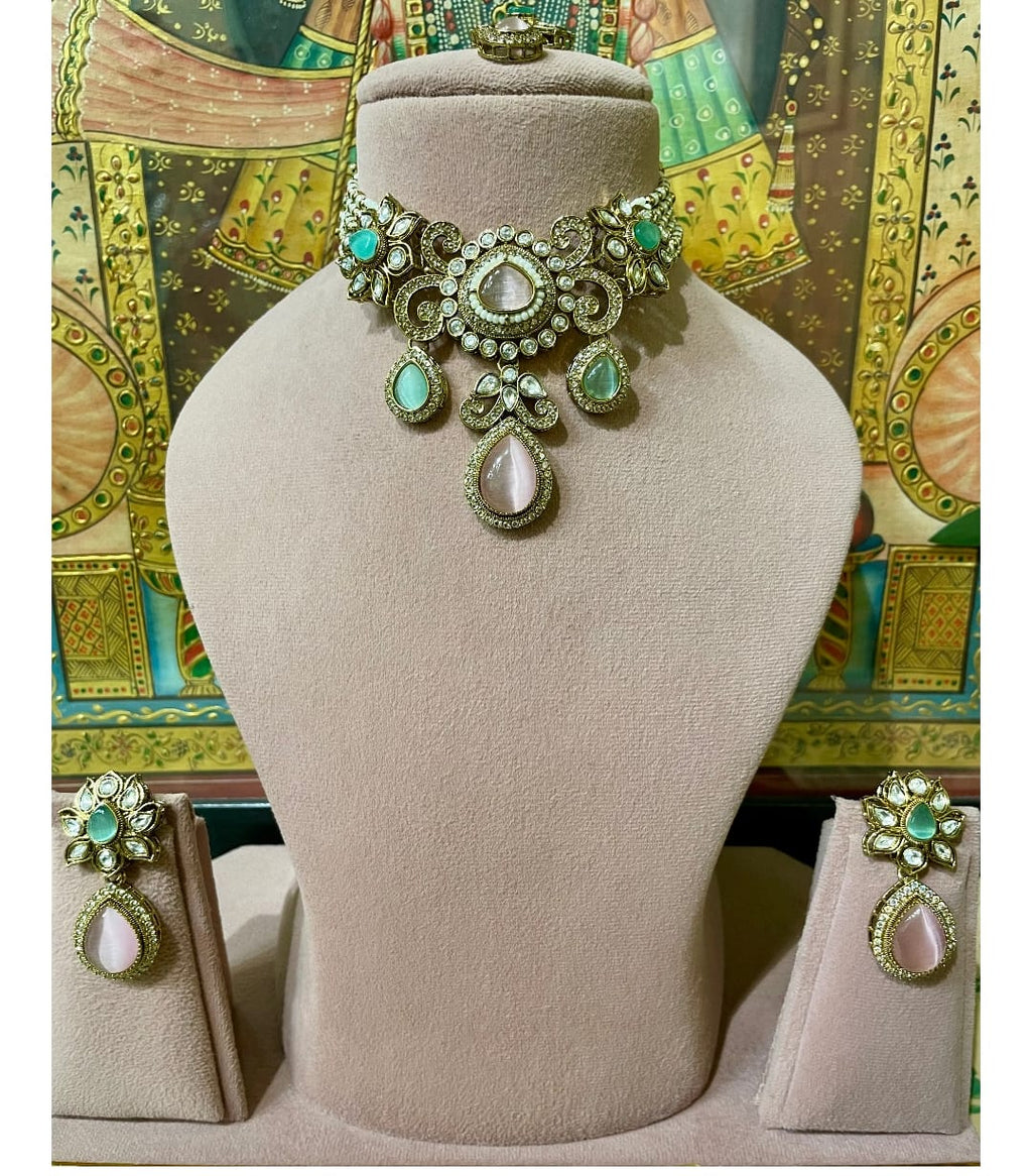 DRY Royal Kundan Choker Necklace Set with Mint Green & Blush Pink Stones | Bridal Wedding Jewelry Set