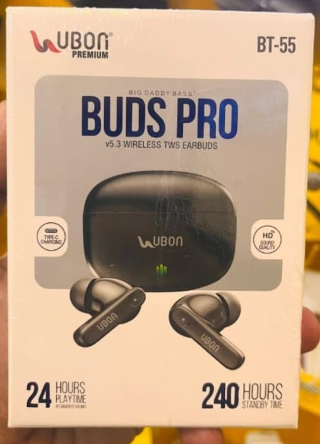 Wubon Buds Pro wireless earbuds packaging with product image and branding.

